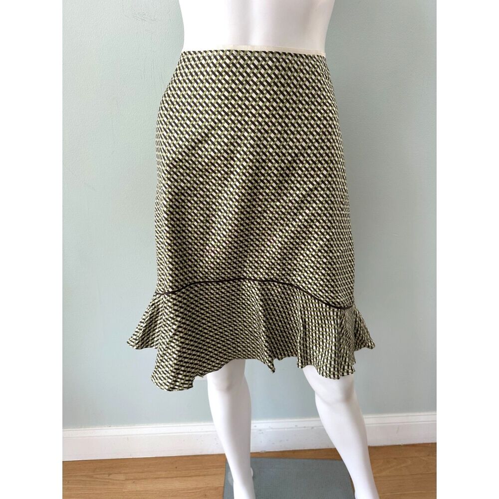 Banana Republic Checkered Silk Midi Skirt Green Brown Ruffle Hem Trim size 8